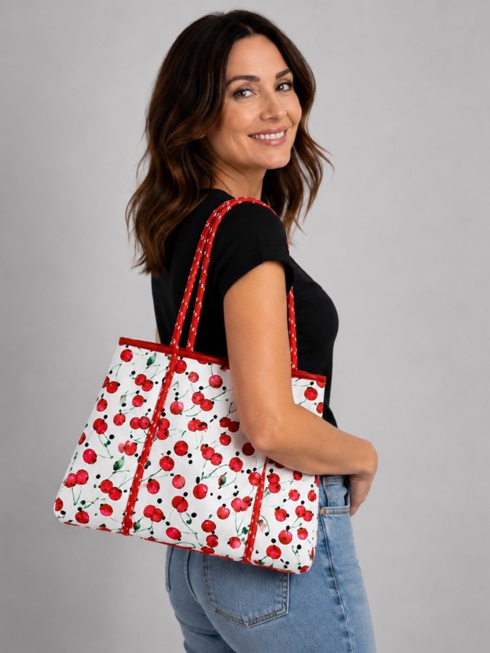 Ahdorned neoprene summer cherries limited edition large tote bag